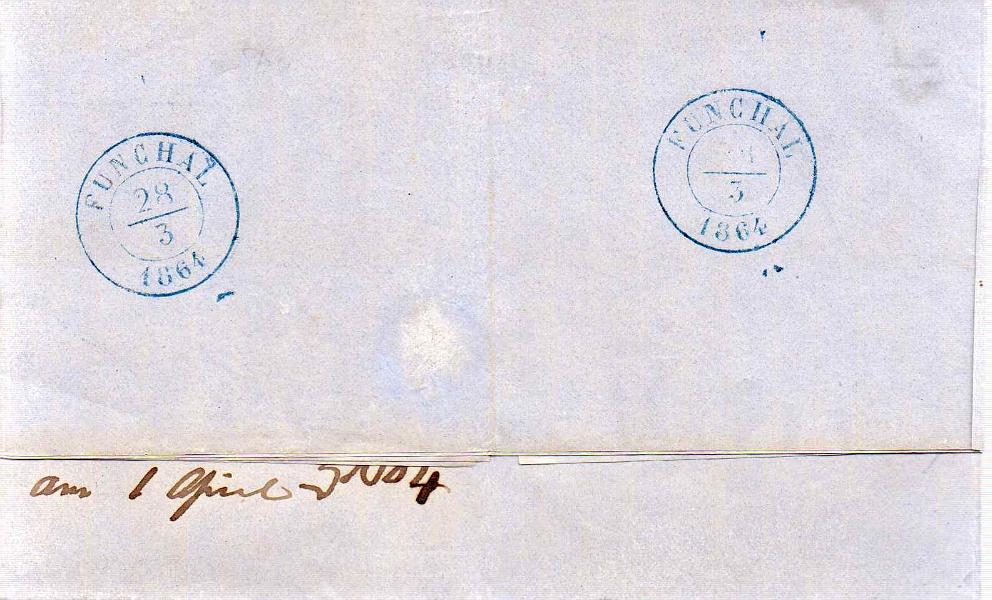 0456 v.jpg -     Lote:    456 (verso)            Correio Marítimo       Descrição:         Correio marítimo. Carta remetida de Londres (27.02.64) para o Funchal (28.03.1864), com o porte de 80 reis batido a azul. MB e R.        Carta       Valor Base:     &euro; 100,00     Valor Venda:     &euro; 120,00     